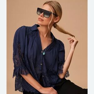 Anthropologie- Navy Lace Blouse